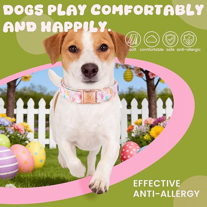 Elegant little tail Easter Dog Collar, Pink Bunny Floral Pattern Spring Pet Collars Gift Holiday Puppy Collars Soft Cotton Adjustable Dog Collar for Large Dogs