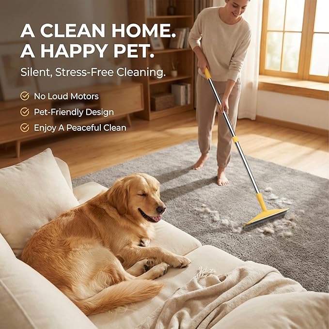 Carpet Rake for Pet Hair Removal – Reusable Cat & Dog Hair Remover Broom with Adjustable 60" Long Handle, Rug Rake Scraper for Carpet, Rugs, Mats, Upholstery & Couch Cleaning
