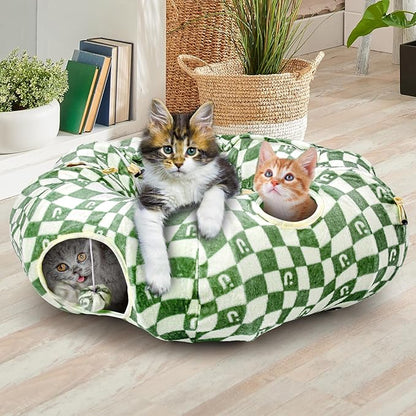 OUHOU Cat Bed and Tunnel Toy - Cat Donut with Straight Tunnel, Washable Cushion, 4 Hanging Balls, 6 Peek Holes, Collapsible, Green