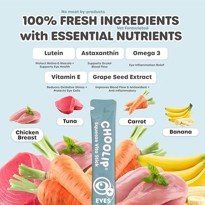 Choolip Squeeze Vita Stick Lickable Cat and Dog Treats, 7-Count Eye Support, Chicken and Tuna with Lutein, Grapeseed Extract and Vitamin E, Vet-Formulated