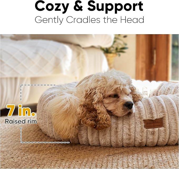 FUKUMARU Dog Bed, Calming Donut Dog Beds for Anxious Puppies, Modern Aesthetic Cat Bed with Gradient Print, Cute Round Pet Beds with Washable Cover, Orthopedic Puppy Bed, Camel, Small, 25 inches