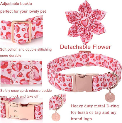 UP URARA PUP Valentine Dog Collar with Flower, Heart Flower Collar for Puppy Girl Boy Dog or Cat, Comfortable Dog Collar Flower with Durable Metal Buckle, Cute Pet Collar,XL, Neck 16-26in