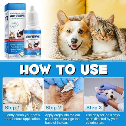 Ear Infection Treatment Drops for Dogs and Cats,with 1% Hydrocortisone Soothing Dog Yeast Infection, Itchy Ear Relief-Treats Ear Infections for Dogs & Cats - 2 fl oz