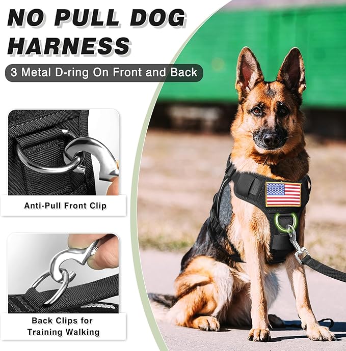 Tactical Service Dog Vest and Leash Set,Heavy Duty Harness with Metal Buckles for Large Dogs,Adjustable No Pull Pet Vest with 10 Patches,for Training Working Hiking,Black L