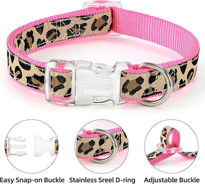 Mile High Life Leopard Dog Harness Collar Leash Set, Adjustable No Pull Dog Halter Harness for Small Breed Dogs, Easy Control for Training Walking (Pink, M Chest 15"-21", Neck 13"-17")