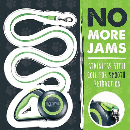 Mighty Paw Retractable Dog Leash 2.0 - Auto-Locking Button for The Control When You Need - Stainless Steel Coil for Smooth Retraction - Super Reflective Ring for Nighttime Visibility - No More Tangle