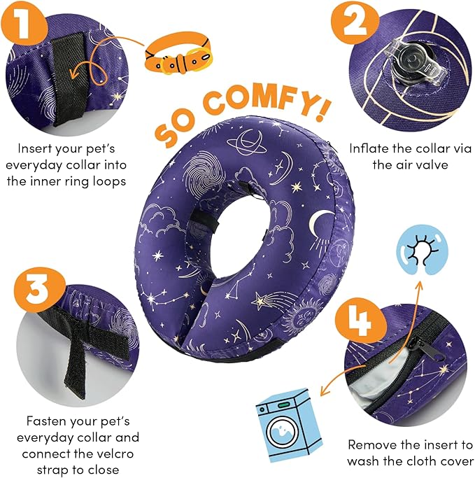 BENCMATE Inflatable Dog Cone Collar Alternative, Soft Dog Cone for Small Medium Large Dogs and Cats, Neck Recovery ECollar Donut Collar After Surgery (Medium, Constellation)