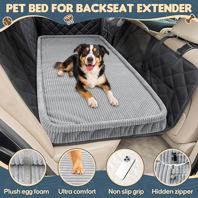 Dog Car Bed, Non-Slip Backseat Extender Pet Mat, Removable Washable Dog Bed for SUVs, Sedans & Trucks, Anti-Slip Travel Bed for Dogs, Easy Clean & Scratch-Proof & Comfort Light Gray（56"x28.7"