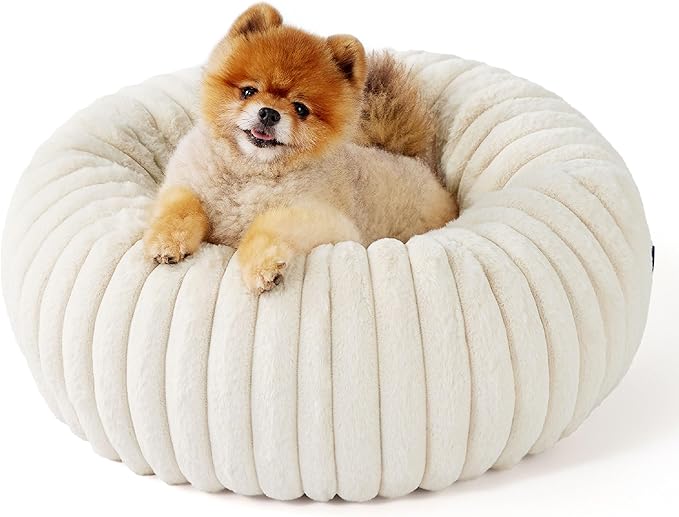Bedsure ComfyFleece Donut Small Dog Bed - Dog Beds for Small Dogs with Corduroy Fleece & Anti Slip Bottom, Round Faux Fur Pet Beds with Washable Removable Cover, Cream, 23x23x7 inches