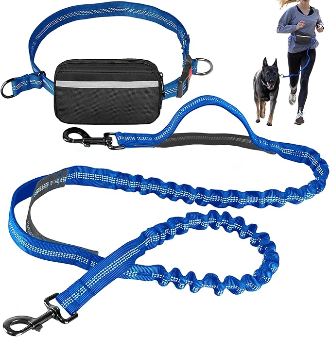 Hands Free Dog Leash with Waist Belt – No-Pull Bungee, Dual Padded Handles & Zipper Pouch for Running, Walking & Training – Adjustable Waist Leash for Large & Medium Dogs (Dark Blue)