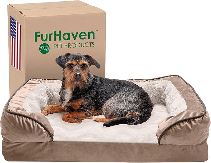 Furhaven Memory Foam Dog Bed for Medium/Small Dogs w/ Removable Bolsters & Washable Cover, For Dogs Up to 35 lbs - Plush & Velvet Waves Perfect Comfort Sofa - Brownstone, Medium