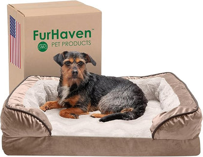 Furhaven Memory Foam Dog Bed for Medium/Small Dogs w/ Removable Bolsters & Washable Cover, For Dogs Up to 35 lbs - Plush & Velvet Waves Perfect Comfort Sofa - Brownstone, Medium