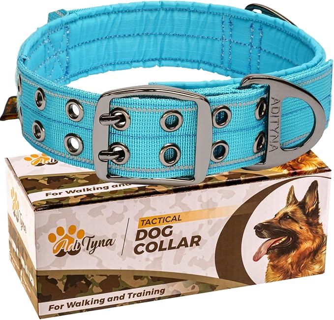 ADITYNA Heavy Duty Dog Collar for Large Dogs - Reflective Blue Collar with Handle for Training, and Walking - Wide, Thick, Tactical, Soft Neoprene Padded