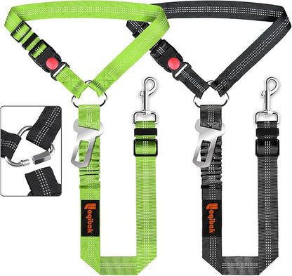 Removable Dog Seat Belt Harness for Car, 3 in 1 Pet Dog Car Seatbelt Leash, Retractable Restraint Secures to Vehicle Headrest & Adjustable Reflective Bungee Dog Seatbelt Tether, Green and Black