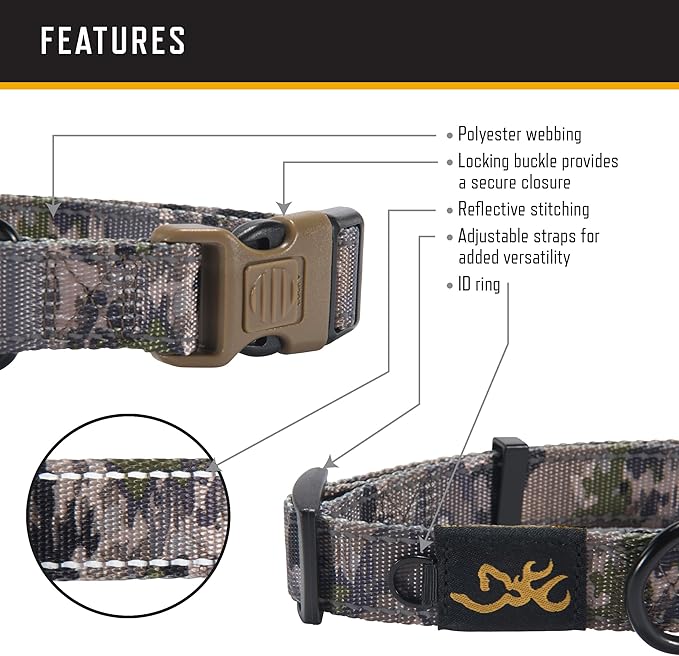 Browning Classic Preformance Webbing Pet Collar, Fully Adjustable, Available in Solid Colors and Camo Patterns, Ovix Camo, Large