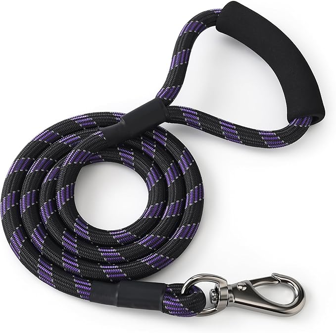 Mile High Life Reflective Dog Leash, with Comfortable Padded Handle, Black Nylon Rope Leash with Steel Tips, Heavy Duty 4 Feet Pet Leashes (Black Purple,48 Inches)