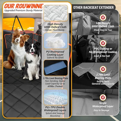 ROUWINNE Back Seat Extender for Dogs - Holds 420lb, Hard Bottom Dog Bed Back Seat Cover, Pet Car Seat Cover Backseat Extender,Upgraded Material Waterproof Dog Hammock for Car，SUV, Truck, Black/Orange