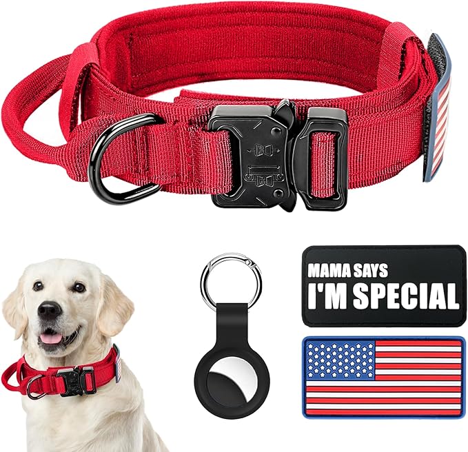 Tactical Dog Collar and Bungee Leash,Military & Leash Set with USA American Flag Adjustable K9 Heavy Duty Metal Buckle Handle,with Patches Airtags Case (XL, Red(1PCS))