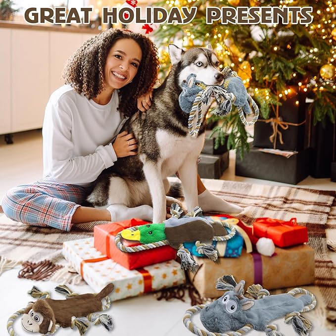 3 Pack No Stuffing Squeaky Dog Toys,Tug of War Dog Toy with Pull Rope, Interactive Dog Toys Dog Gifts for Small,Medium Dog