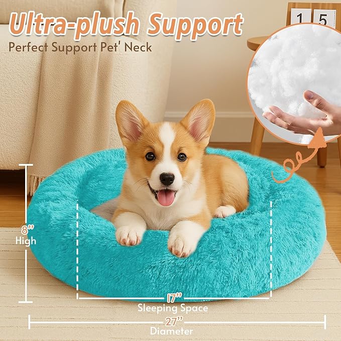 JOLLYVOGUE Calming Dog Bed Medium Size Dog, Anti-Anxiety Donut Medium Pet Bed, 27 inches Fluffy Faux Fur Round Cat Bed (Aqua Blue)