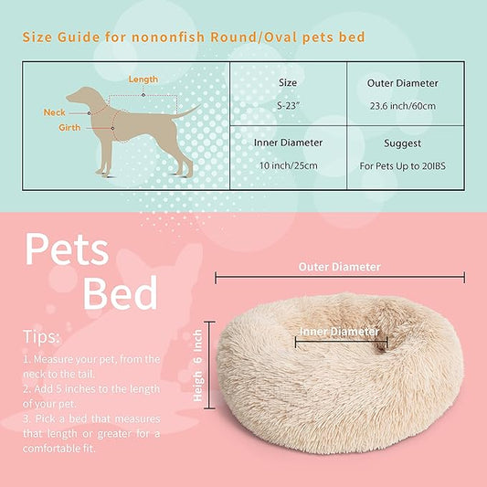 Calming Donut Dogs Beds for Small Dogs Washable,23inch Plush Round Pet Bed for Cozy Sleep,Fluffy Faux Fur Large Cat Bed,Fits up to 25 lbs Pets,Beige