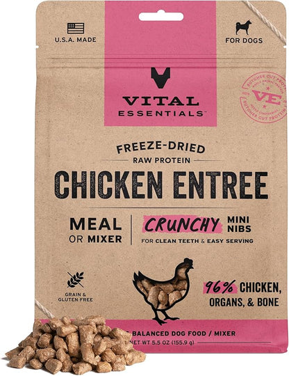 Vital Essentials Freeze-Dried Raw Dog Food, Chicken Crunchy Mini Nibs | Complete Meal or Mixer | High Protein Dog Food | 5.5 oz
