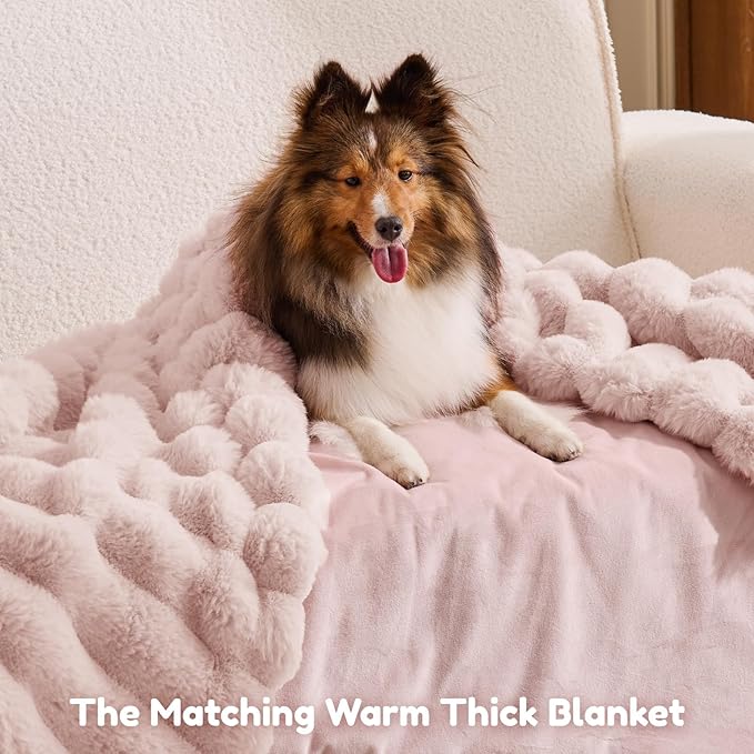 ChiXnuggle Human Dog Bed for Adult - Luxury Striped Faux Fur Giant Dog Bed with Portable Handle, Egg Orthopedic Foam Pad with Thick Warm Blanket, 72"x40"x10", Pink