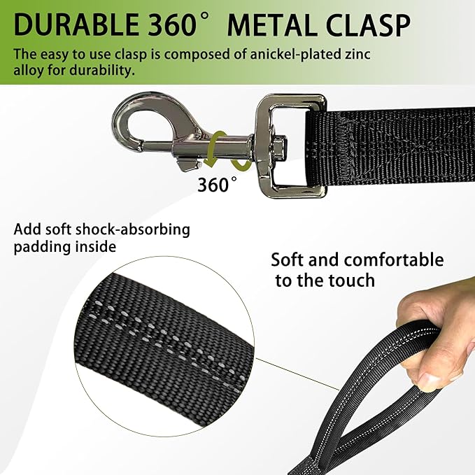 FOVRLZSE Reflective Heavy Duty Bungee Dog Leash - 4FT to 5FT Adjustable Shock Absorbing Leash with Double Padded Handle & 360° No Tangle Metal Clasp for Small Medium Large Dogs (Black)
