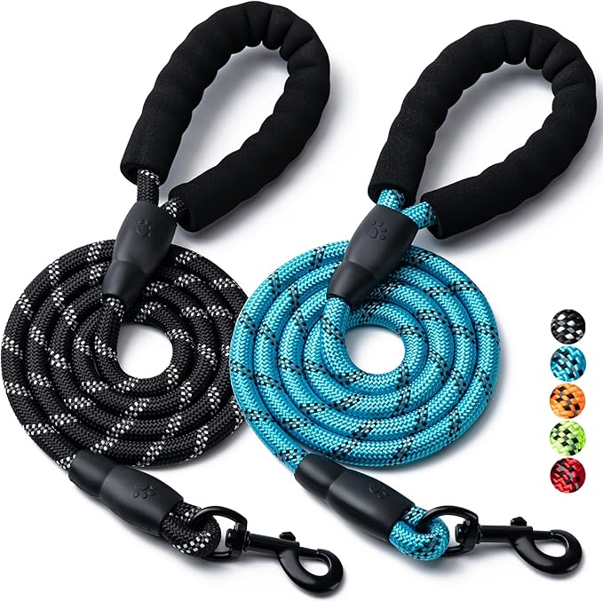 2 Pack Dog Leash, 4/5//6 FT Heavy Duty Nylon Rope Pet Leashes with Comfortable Padded Handle, Reflective Dog Leashes for Small Medium and Large Dogs (6FT-3/8,Black/Blue)