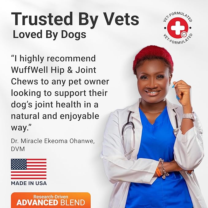WuffWell Hip and Joint Supplement for Dogs – Natural Ingredients with Chondroitin, MSM, Turmeric, and Glucosamine – Supports Hip Dysplasia, Arthritis, and Mobility – 140 Count, Made in USA