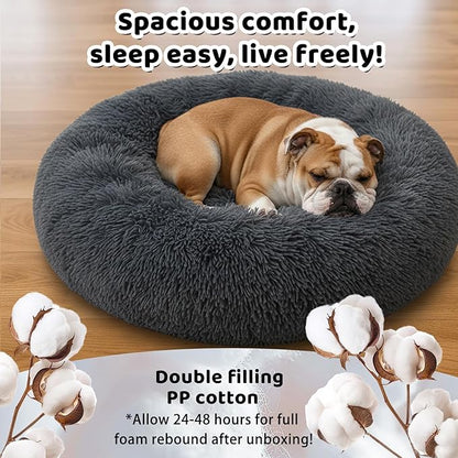 Large Donut Washable Dog Bed for Medium Size Dog, Round Calming Soft Cat Cuddler,Anti Anxiety Cozy Soft Sofa,Fluffy Faux Fur Plush Cushion-31''-Dark Grey