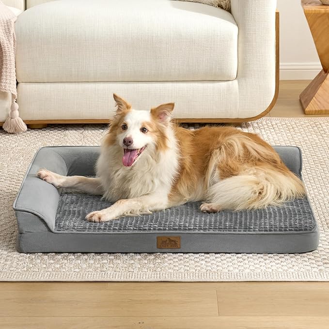Orthopedic Dog Bed for Large Size Dog, XL Dogs Crate Bed, L Shaped Foam Anti-Slip Bottom Pet Cat Sofa with Washable Removable Cover, Suitable for Pet Up to 100 lbs, 42x30x7.5 inch, Grey