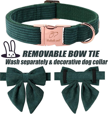 Corduroy Dog Collar with Laday Bow, Adjustable Heavy-Duty Dog Collars for Small Medium Large Dogs, Green Winter Christmas Puppy Bowtie Collar L