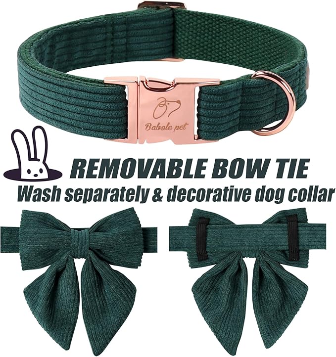 Corduroy Dog Collar with Laday Bow, Adjustable Heavy-Duty Dog Collars for Small Medium Large Dogs, Green Winter Christmas Bowtie Collar XS