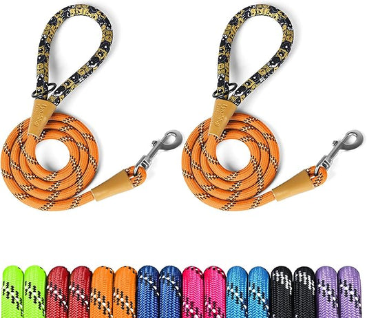 lynxking Rope Dog Leash 6 FT with Comfortable Padded Handle, Highly Reflective Threads Leash for Small Medium Large Dogs (Orange, 2PCS Large 1/2in x 6ft-Rope Clasp)