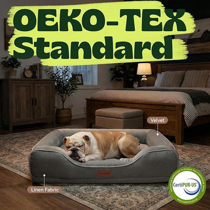 Orthopedic Cooling Dog Bed for Medium Large Dogs,Rectangle Sofa Bed with Cool Gel Memory Foam & Egg Crate Foam,Waterproof Removable Washable Cover, Ideal for Senior Pets,Grey