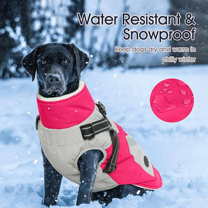 IECOii Dog Winter Coat with Harness Built in, Waterproof Windproof Dog Coats for Large Dogs, Thermal Fleece Lined Cold Weather Jackets with Zip, Outdoor Warm Snow Jacket Reflective, Rosered, XLarge