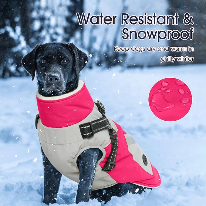 IECOii Dog Winter Jacket for Small Dogs, Waterproof Dog Coat with Harness Built in, Windproof Reflective Zip Up Fleece Jacket for Dogs, Puppy Thermal Warm Snowsuit for Cold Weather, Rosered, S
