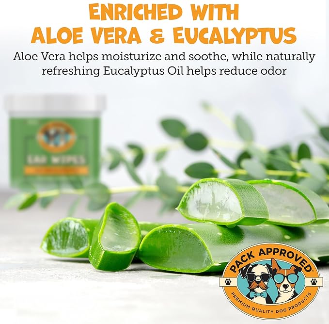 Pack Approved Ear Wipes for Dogs with Aloe Vera & Eucalyptus - Gentle Ear Cleaner for Dogs to Help Remove Wax and Odor - Convenient and Mess-Free Cleaning Pads for Dirty, Itchy Ears - 100 Wipes