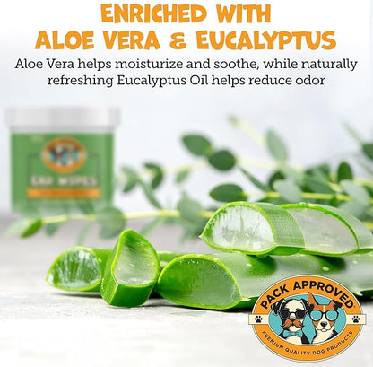 Pack Approved Ear Wipes for Dogs with Aloe Vera & Eucalyptus - Gentle Ear Cleaner for Dogs to Help Remove Wax and Odor - Convenient and Mess-Free Cleaning Pads for Dirty, Itchy Ears - 100 Wipes