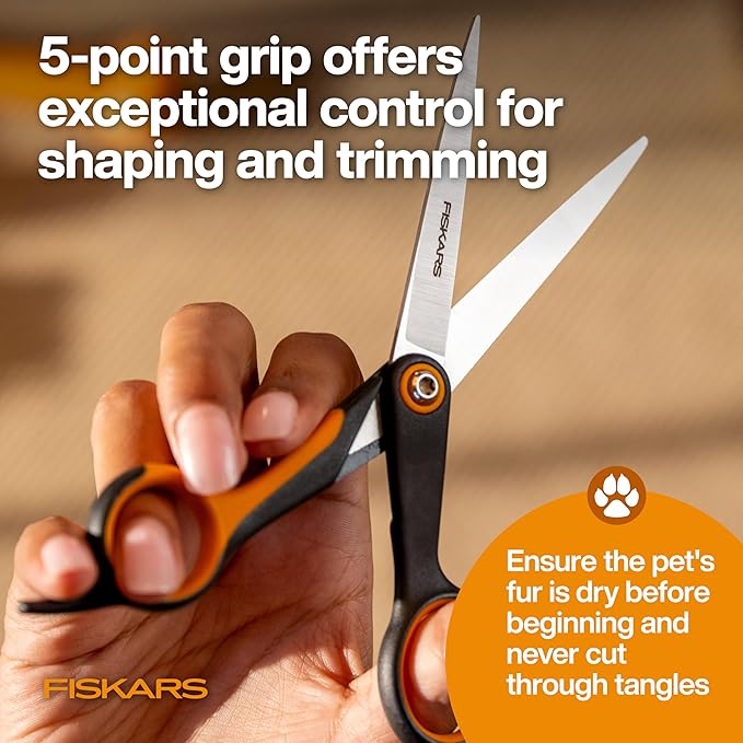 Fiskars Pet, Dog & Cat Grooming Scissors, Precision Stainless Steel Blades & SoftGrip Handle, Cat and Dog Supplies, Orange/Black, Trimming Scissors