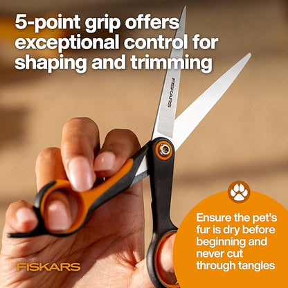 Fiskars Pet, Dog & Cat Grooming Scissors, Precision Stainless Steel Blades & SoftGrip Handle, Cat and Dog Supplies, Orange/Black, Trimming Scissors