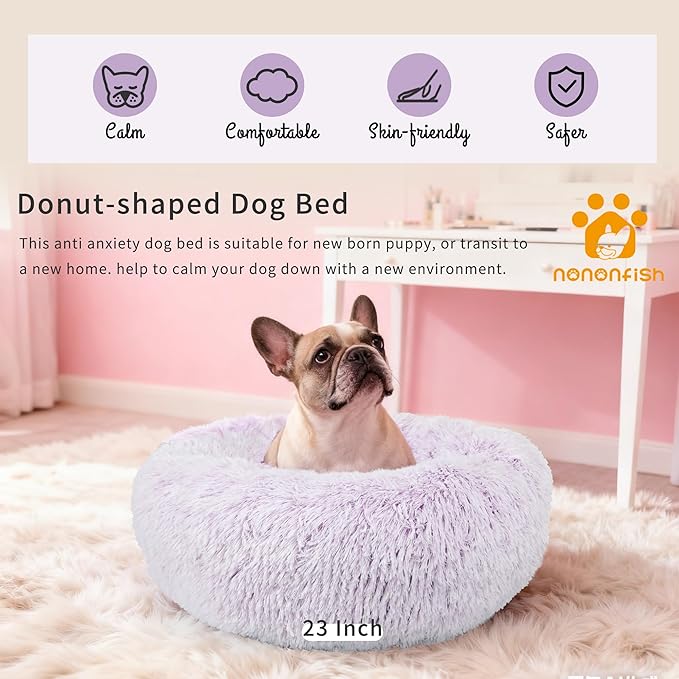 Calming Donut Dogs Beds for Small Dogs Washable,23inch Plush Round Pet Bed for Cozy Sleep,Fluffy Faux Fur Large Cat Bed,Fits up to 25 lbs Pets,Gradient Purple