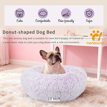 Calming Donut Dogs Beds for Small Dogs Washable,23inch Plush Round Pet Bed for Cozy Sleep,Fluffy Faux Fur Large Cat Bed,Fits up to 25 lbs Pets,Gradient Purple