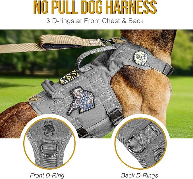 OneTigris Tactical Dog Harness with 5X Metal Buckle,Dog MOLLE Vest with Handle,No Pulling Front Clip,Hook and Loop Panel for Dog Custom Patch (M, Grey)