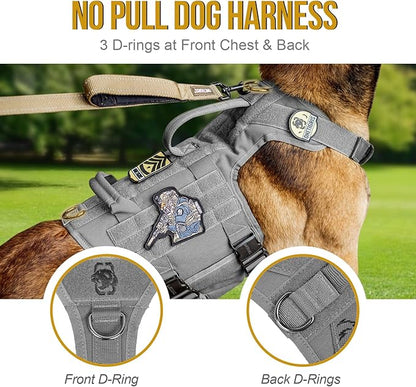 OneTigris Tactical Dog Harness with 5X Metal Buckle,Dog MOLLE Vest with Handle,No Pulling Front Clip,Hook and Loop Panel for Dog Custom Patch (M, Grey)