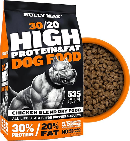 Bully Max Dry Dog Food for Adults & Puppies - High Protein & Fat for Muscle & Weight Gain - High Performance Dog Food Supplements - Small & Large Breed Dogs (535 Calories Per Cup), Chicken, 5lb Bag