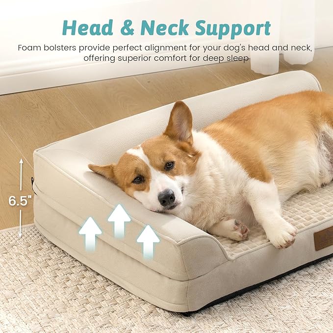 COZY KISS Orthopedic Dog Bed for Medium Small Size Dog, Dogs Crate Bed, L Shaped Foam Anti-Slip Bottom Pet Cat Sofa with Washable Removable Cover, Suitable for Pet Up to 40 lbs, 30x20x6.5 inch, Beige
