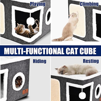 Felt Cat Cave Beds for Indoor Cats, Foldable Cat Hideaway with Scratch Pad and Fluffy Ball, Large Covered Cat House with Reversible Cushion for Multi Small Pet