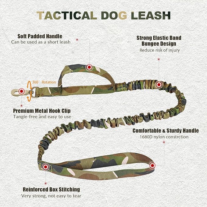 Tactical Dog Collar and Bungee Leash, Camo Military Dog Collar & Leash Set with USA American Flag Adjustable K9 Collar with Heavy Duty Metal Buckle & Handle,with Patches and Airtags Case (L, Camo)